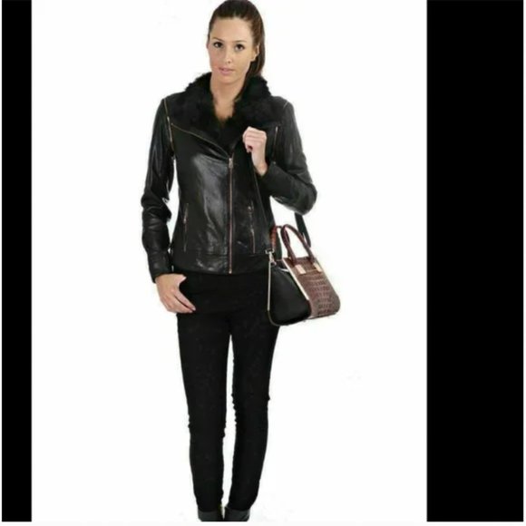 Ted Baker Tirely Furrly Detachable Sleeve Black Leather Jacket vest size 1 nwot - Picture 4 of 15
